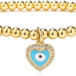 Golden beads and blue heart-shaped bracelet V10037