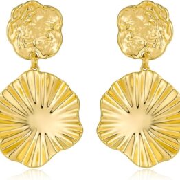 Aretes dorados para mujer, 18K dorados con diseño de hojas y conchas en forma de alas de ángel. Aretes grandes, antialérgicos.